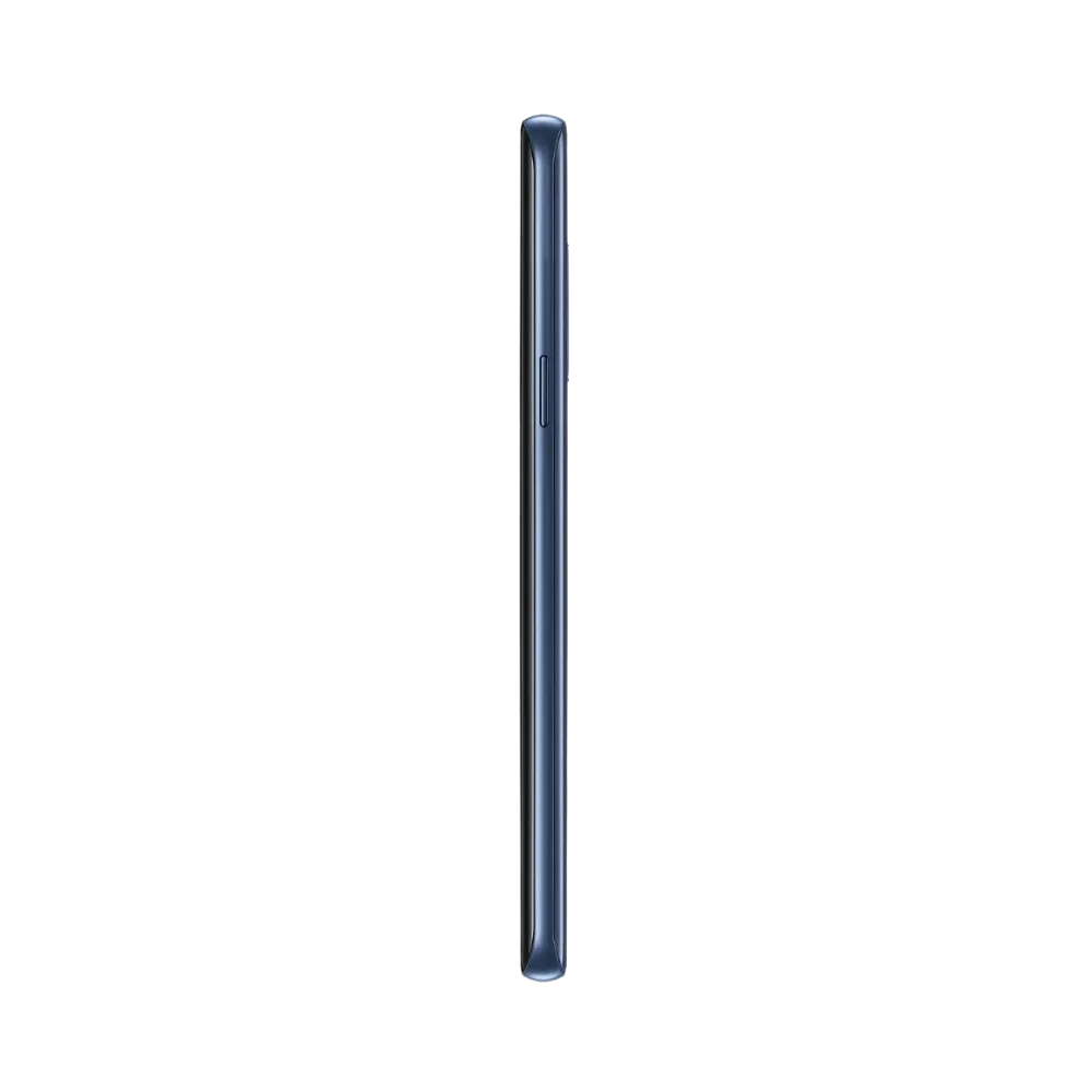 Profil du Samsung Galaxy S9 bleu, finesse des bords métalliques et boutons de volume visibles. iTelier Lyon : remplacement bouton power, nappe latérale, port USB-C. Réparations rapides avec garantie 1 an en boutique ou à distance.