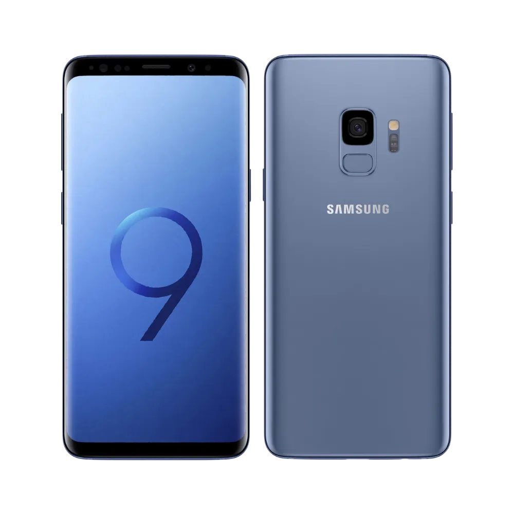 Galaxy S9 bleu en vue oblique mettant en valeur les reflets de la coque et le design incurvé. iTelier Lyon : réparation vitre arrière, haut-parleur, connecteur de charge, micro. Diagnostic gratuit et pièces d’origine.