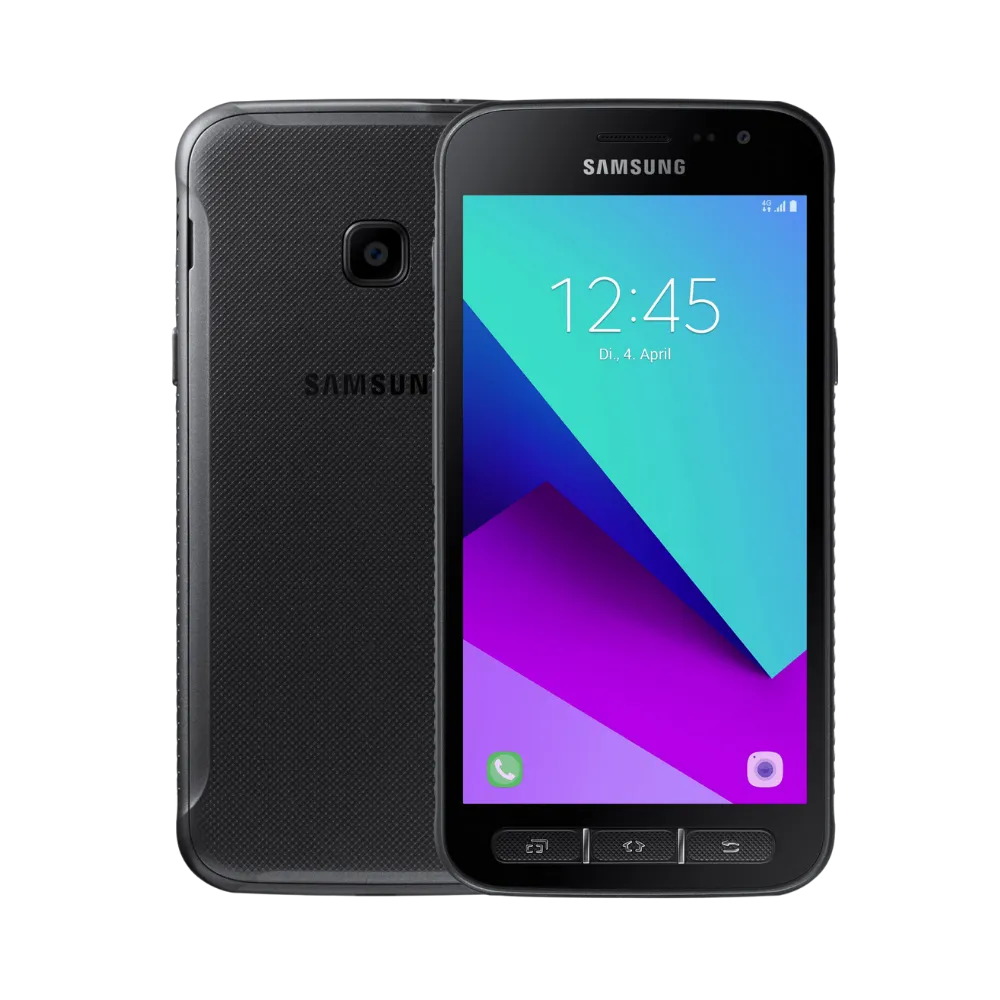 Samsung Galaxy XCover 4 vu de face et de dos. iTelier Lyon : réparation écran tactile fissuré, vitre arrière abîmée, remplacement batterie et connecteur de charge. Diagnostic gratuit, pièces garanties 1 an, réparation en boutique ou par correspondance.