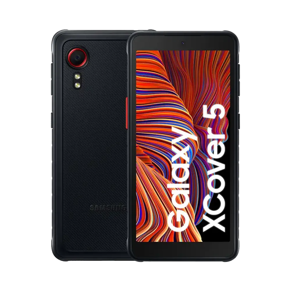 Samsung Galaxy XCover 5 affiché de face et de dos. iTelier Lyon : réparation écran cassé, vitre arrière fissurée, changement batterie, connecteur de charge ou appareil photo. Diagnostic gratuit et garantie 1 an.