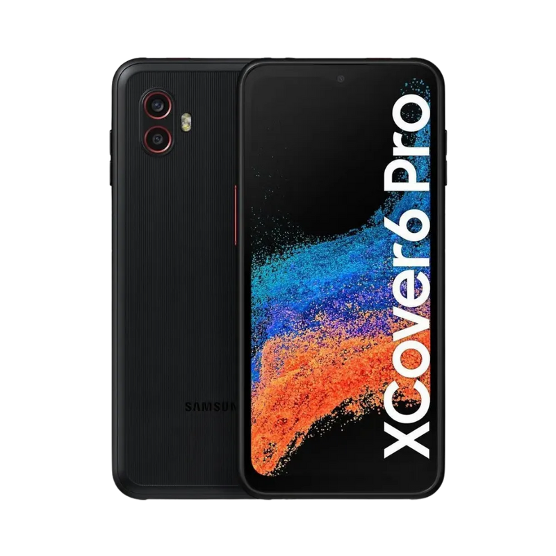 Samsung Galaxy XCover 6 Pro affiché de face et de dos. iTelier Lyon : réparation d’écran fissuré, vitre arrière, changement batterie, connecteur de charge ou appareil photo. Diagnostic offert et garantie 1 an.