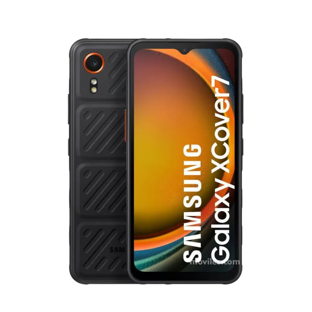 Samsung Galaxy XCover 7 robuste vu de face et de dos. iTelier Lyon : réparation écran tactile brisé, vitre arrière rayée, batterie fatiguée ou connecteur de charge. Diagnostic gratuit et réparations garanties 1 an.