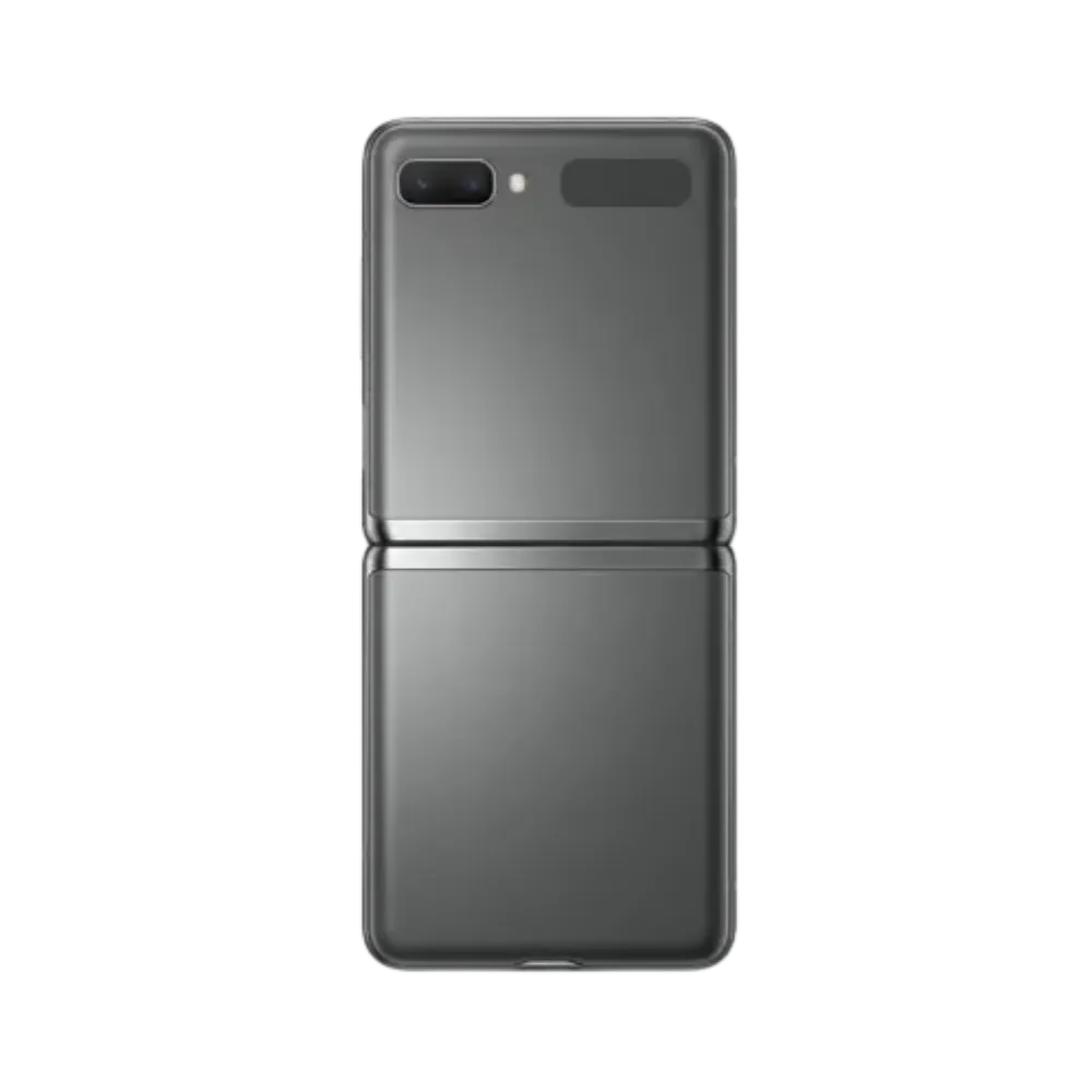 Vue arrière du Samsung Galaxy Z Flip fermé, double caméra visible. iTelier Lyon : réparation cache arrière, changement caméra, lentille photo, batterie. Service express en boutique et garantie 1 an.