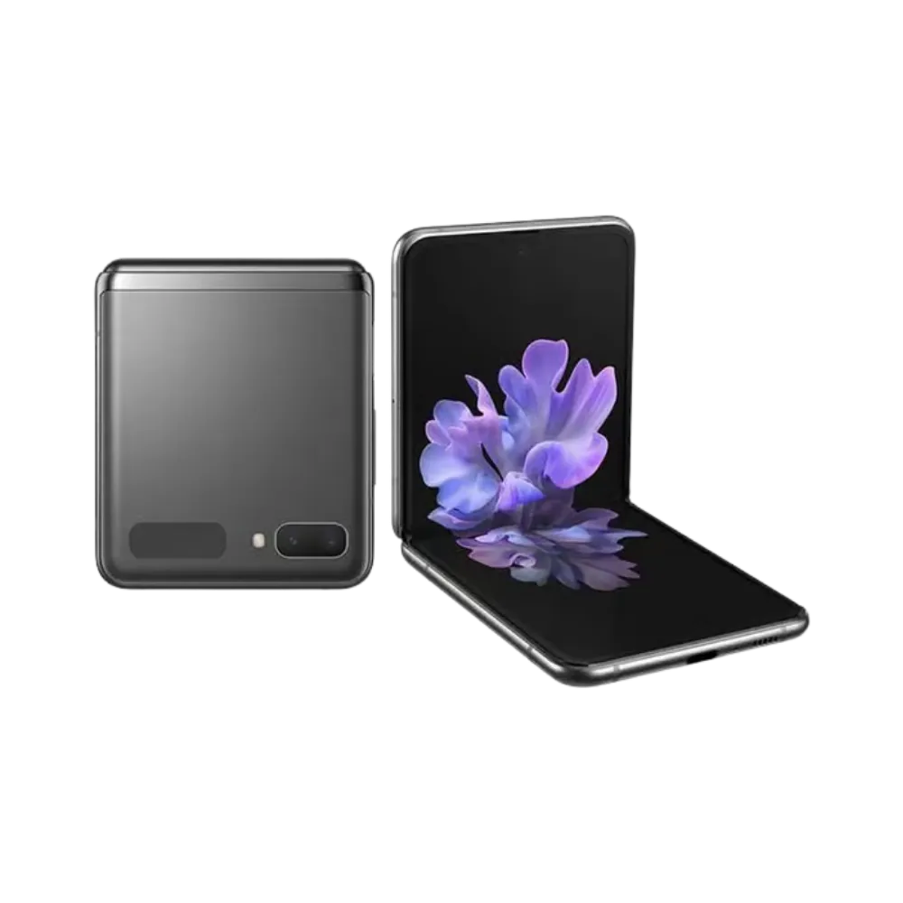 Samsung Galaxy Z Flip noir plié et partiellement ouvert avec écran pliable AMOLED. iTelier Lyon : réparation écran interne fissuré, charnière pliable, changement batterie. Diagnostic gratuit et pièces garanties.