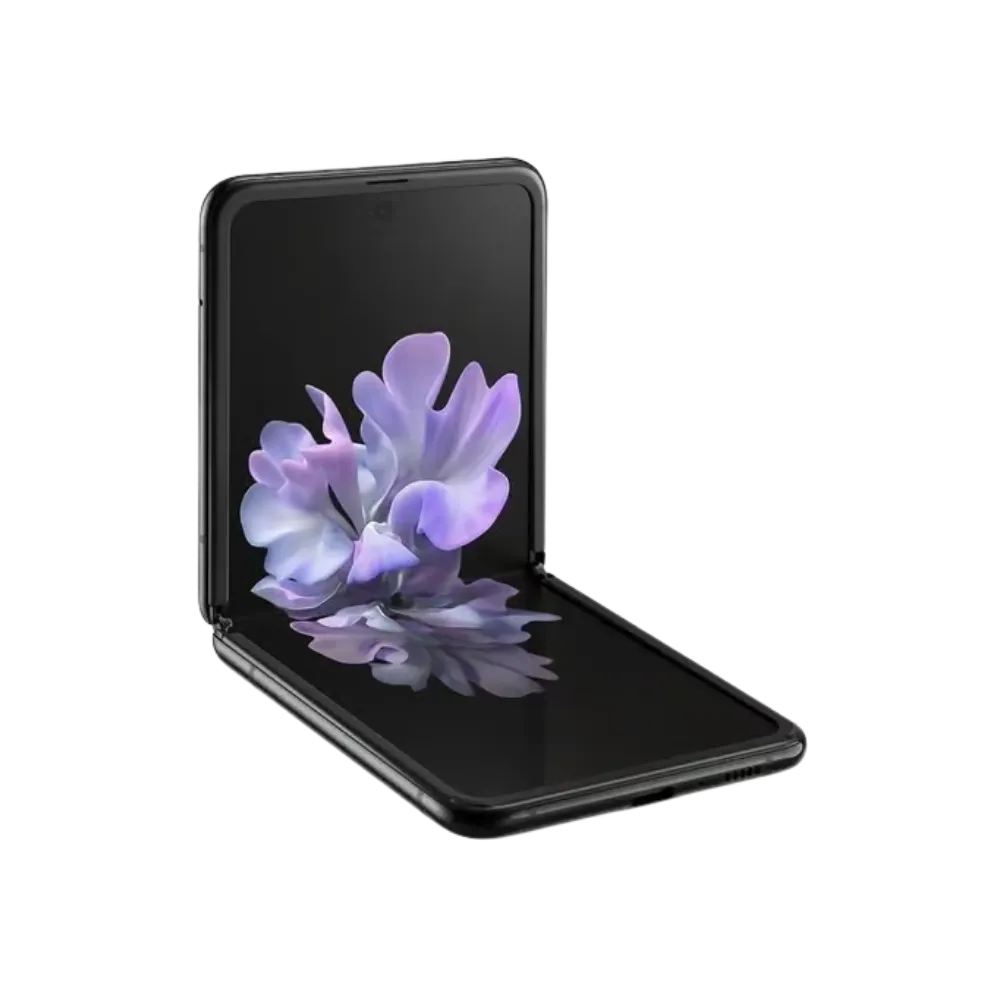 Samsung Galaxy Z Flip en position semi-ouverte avec affichage interne. iTelier Lyon : remplacement écran pliable AMOLED, réparation vitre tactile, connecteur de charge. Réparation rapide à Lyon et envoi postal France.