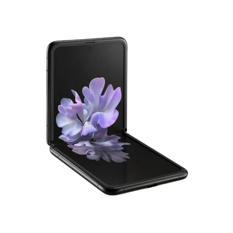 Samsung Galaxy Z Flip en position semi-ouverte avec affichage interne. iTelier Lyon : remplacement écran pliable AMOLED, réparation vitre tactile, connecteur de charge. Réparation rapide à Lyon et envoi postal France.