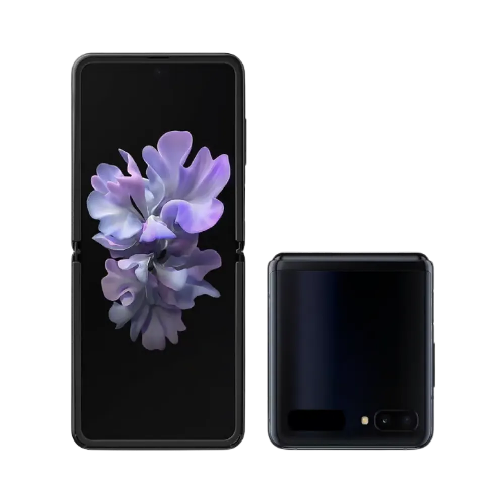 Samsung Galaxy Z Flip ouvert affichant son grand écran interne pliable. iTelier Lyon : remplacement écran AMOLED, réparation charnière pliable, changement batterie et connecteur USB-C. Diagnostic offert.