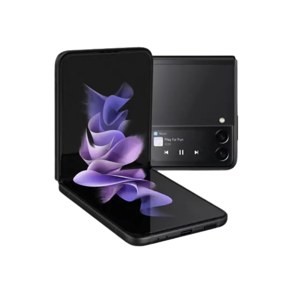Samsung Galaxy Z Flip3 5G en position semi-ouverte avec son écran pliable AMOLED. iTelier Lyon : réparation écran interne, dalle fissurée, charnière ou batterie. Diagnostic gratuit et garantie 1 an.