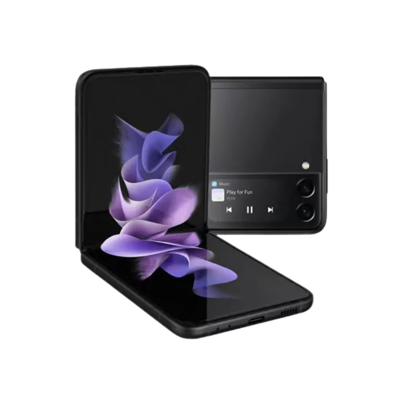 Samsung Galaxy Z Flip3 5G en position semi-ouverte avec son écran pliable AMOLED. iTelier Lyon : réparation écran interne, dalle fissurée, charnière ou batterie. Diagnostic gratuit et garantie 1 an.
