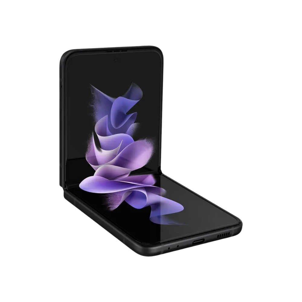 Samsung Galaxy Z Flip3 5G ouvert avec affichage actif. iTelier Lyon : remplacement écran pliable, vitre tactile cassée, réparation connecteur de charge. Service rapide en boutique ou par correspondance.