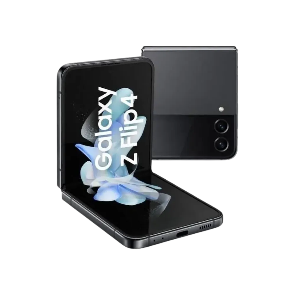 Samsung Galaxy Z Flip4 en position semi-ouverte affichant son écran pliable AMOLED. iTelier Lyon : réparation écran interne, dalle tactile fissurée, charnière ou batterie. Diagnostic gratuit, garantie 1 an.