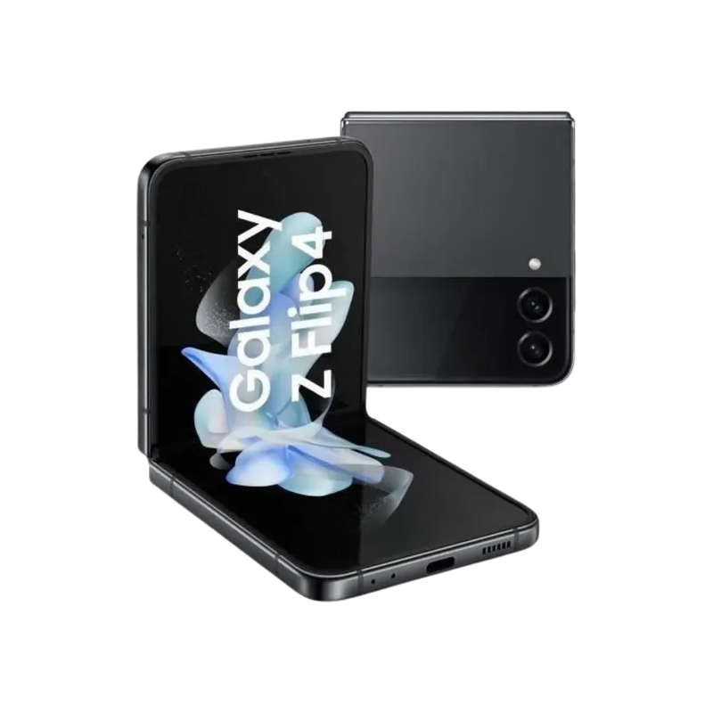 Samsung Galaxy Z Flip4 en position semi-ouverte affichant son écran pliable AMOLED. iTelier Lyon : réparation écran interne, dalle tactile fissurée, charnière ou batterie. Diagnostic gratuit, garantie 1 an.