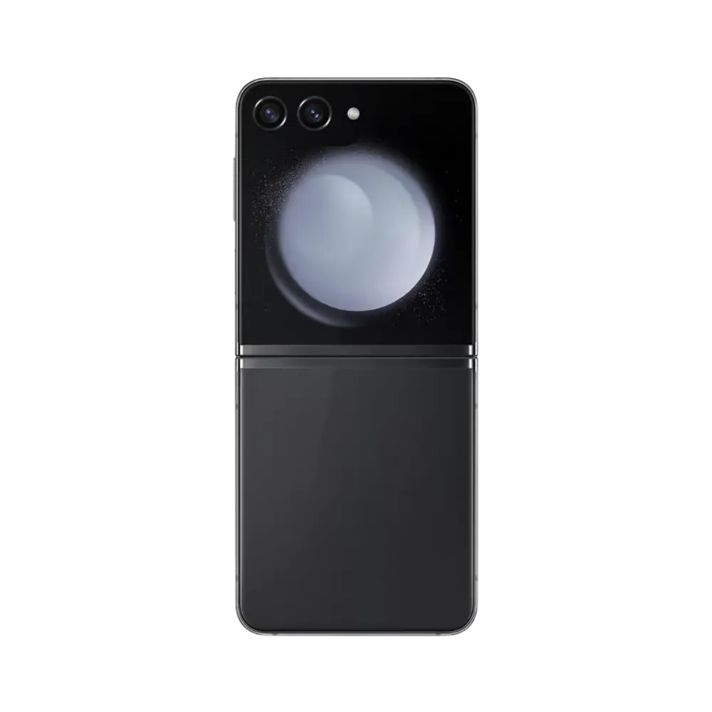 Dos du Samsung Galaxy Z Flip5 en finition noire avec modules photo. iTelier Lyon : remplacement cache arrière, caméra arrière ou batterie. Réparations garanties 1 an, diagnostic gratuit à Lyon 6ème.