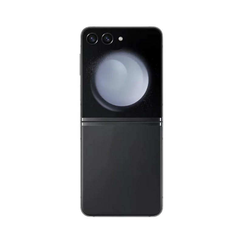 Dos du Samsung Galaxy Z Flip5 en finition noire avec modules photo. iTelier Lyon : remplacement cache arrière, caméra arrière ou batterie. Réparations garanties 1 an, diagnostic gratuit à Lyon 6ème.