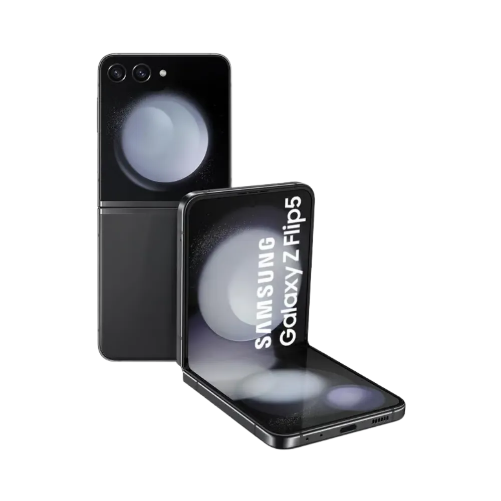 Samsung Galaxy Z Flip5 en position semi-ouverte affichant son écran interne AMOLED. iTelier Lyon : réparation écran pliable cassé, dalle tactile ou charnière. Diagnostic offert et réparation garantie 1 an.