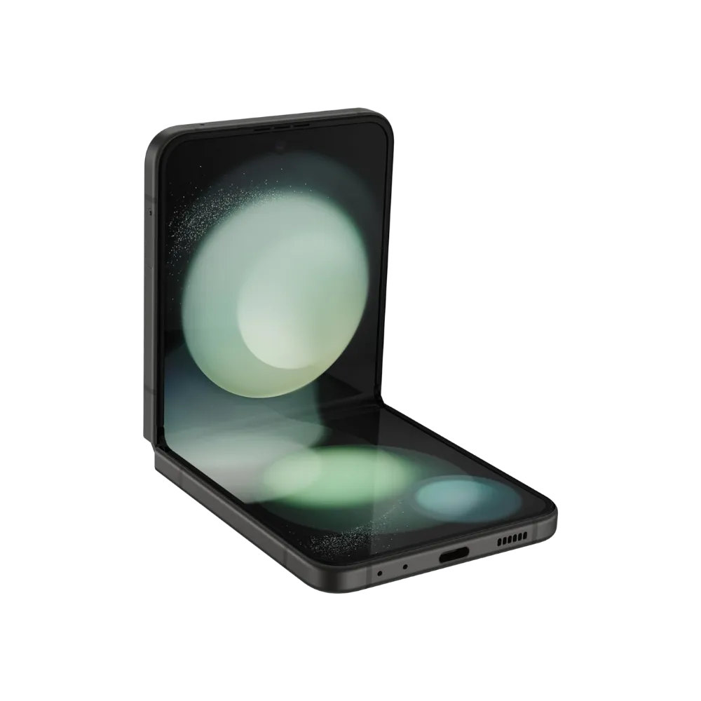 Samsung Galaxy Z Flip5 plié à 90° en position L, écran AMOLED interne allumé. iTelier Lyon : réparation charnière, remplacement écran pliable ou connecteur de charge. Réparation express à Lyon et expédition nationale.