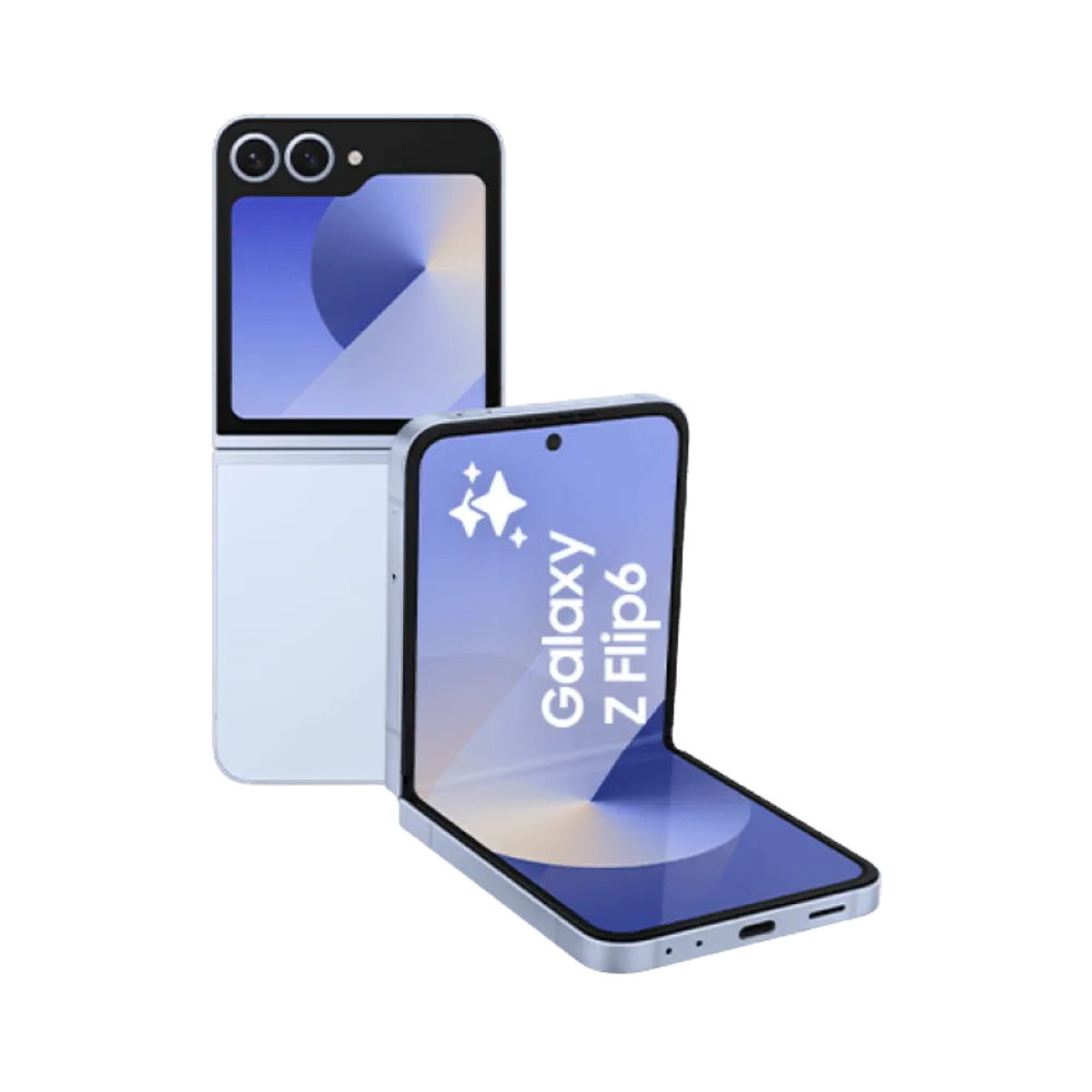 Samsung Galaxy Z Flip6 en position semi-ouverte avec écran interne AMOLED actif. iTelier Lyon : réparation écran pliable fissuré, dalle tactile endommagée ou charnière fragile. Diagnostic offert et garantie 1 an.