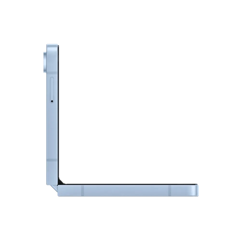 Vue de profil du Samsung Galaxy Z Flip6 plié à 90° en forme de L. iTelier Lyon : réparation charnière pliable, remplacement batterie interne, écran AMOLED ou connecteur de charge. Service express à Lyon.