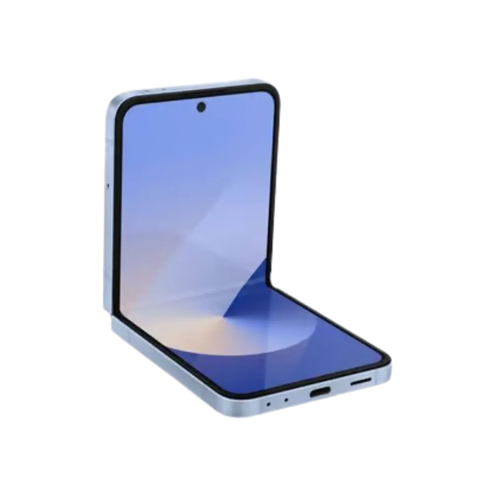 Galaxy Z Flip6 plié à moitié, affichage visible. iTelier Lyon : réparation écran pliable, remplacement charnière ou coque abîmée. Service rapide en boutique Lyon 6 ou par correspondance France entière.