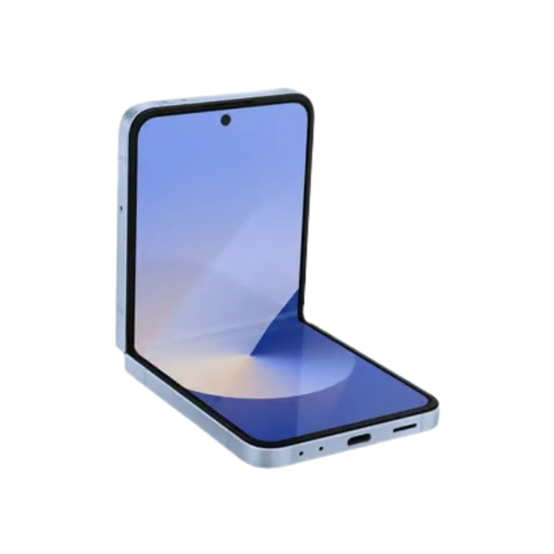 Galaxy Z Flip6 plié à moitié, affichage visible. iTelier Lyon : réparation écran pliable, remplacement charnière ou coque abîmée. Service rapide en boutique Lyon 6 ou par correspondance France entière.