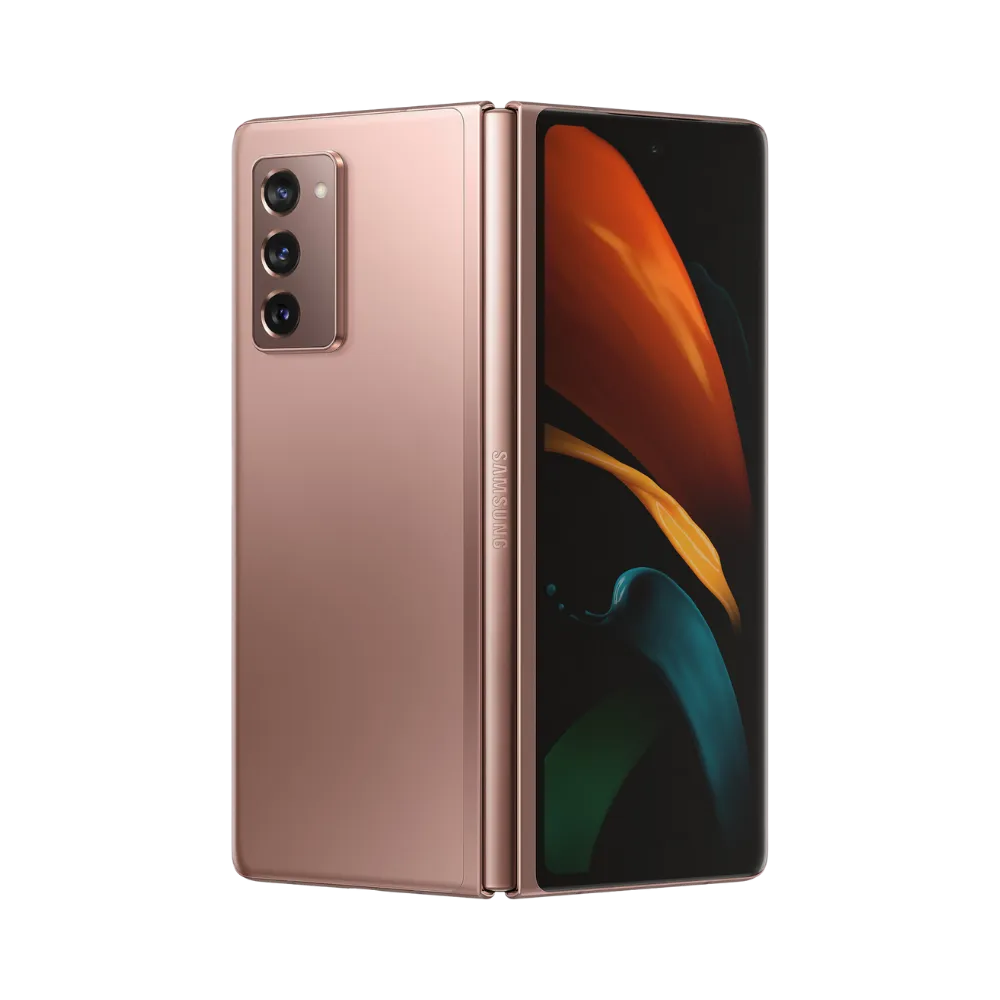 Arrière du Samsung Galaxy Z Fold2 en finition bronze avec triple caméra verticale. iTelier Lyon : réparation cache arrière, changement lentille rayée ou remplacement module caméra cassé. Garantie 1 an incluse.