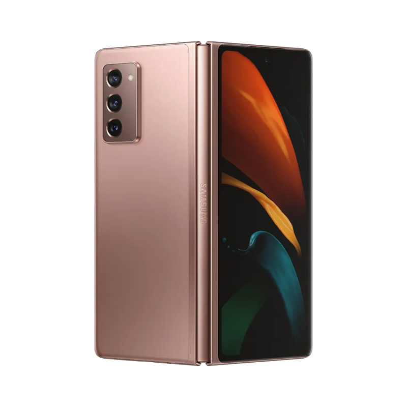 Arrière du Samsung Galaxy Z Fold2 en finition bronze avec triple caméra verticale. iTelier Lyon : réparation cache arrière, changement lentille rayée ou remplacement module caméra cassé. Garantie 1 an incluse.