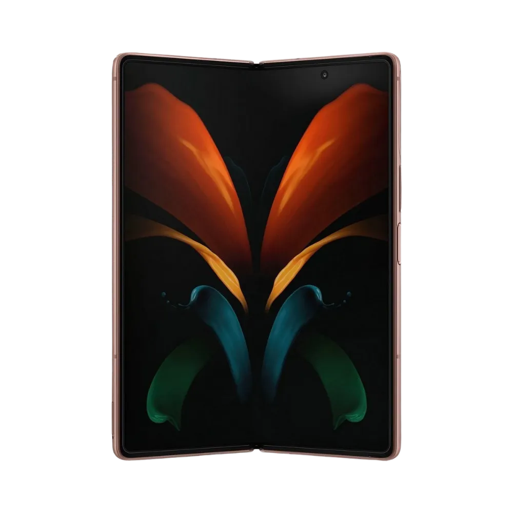 Galaxy Z Fold2 partiellement ouvert montrant l’écran pliable en transition. iTelier Lyon : réparation charnière pliable, écran AMOLED interne endommagé ou vitre fissurée. Diagnostic gratuit et service rapide.