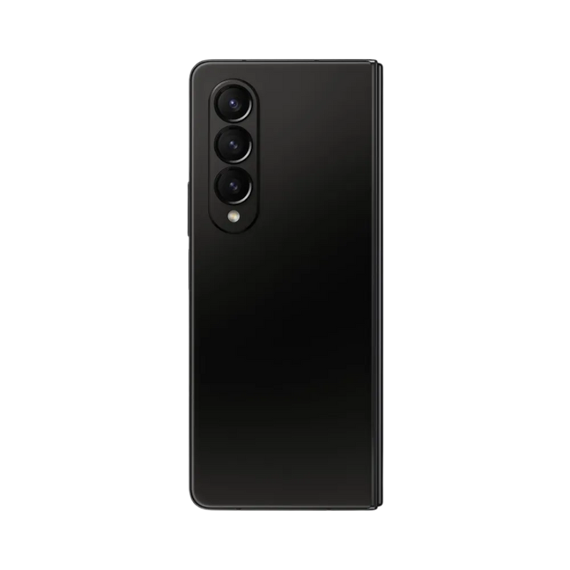 Arrière du Samsung Galaxy Z Fold4 en noir avec triple capteur photo. iTelier Lyon : changement vitre arrière, remplacement lentille photo rayée ou module caméra cassé. Réparations garanties et pièces de qualité.