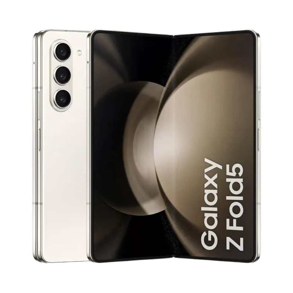 Samsung Galaxy Z Fold5 ouvert laissant voir son écran interne pliable AMOLED. iTelier Lyon : remplacement écran pliable, réparation charnière ou dalle tactile endommagée. Diagnostic offert et garantie 1 an.