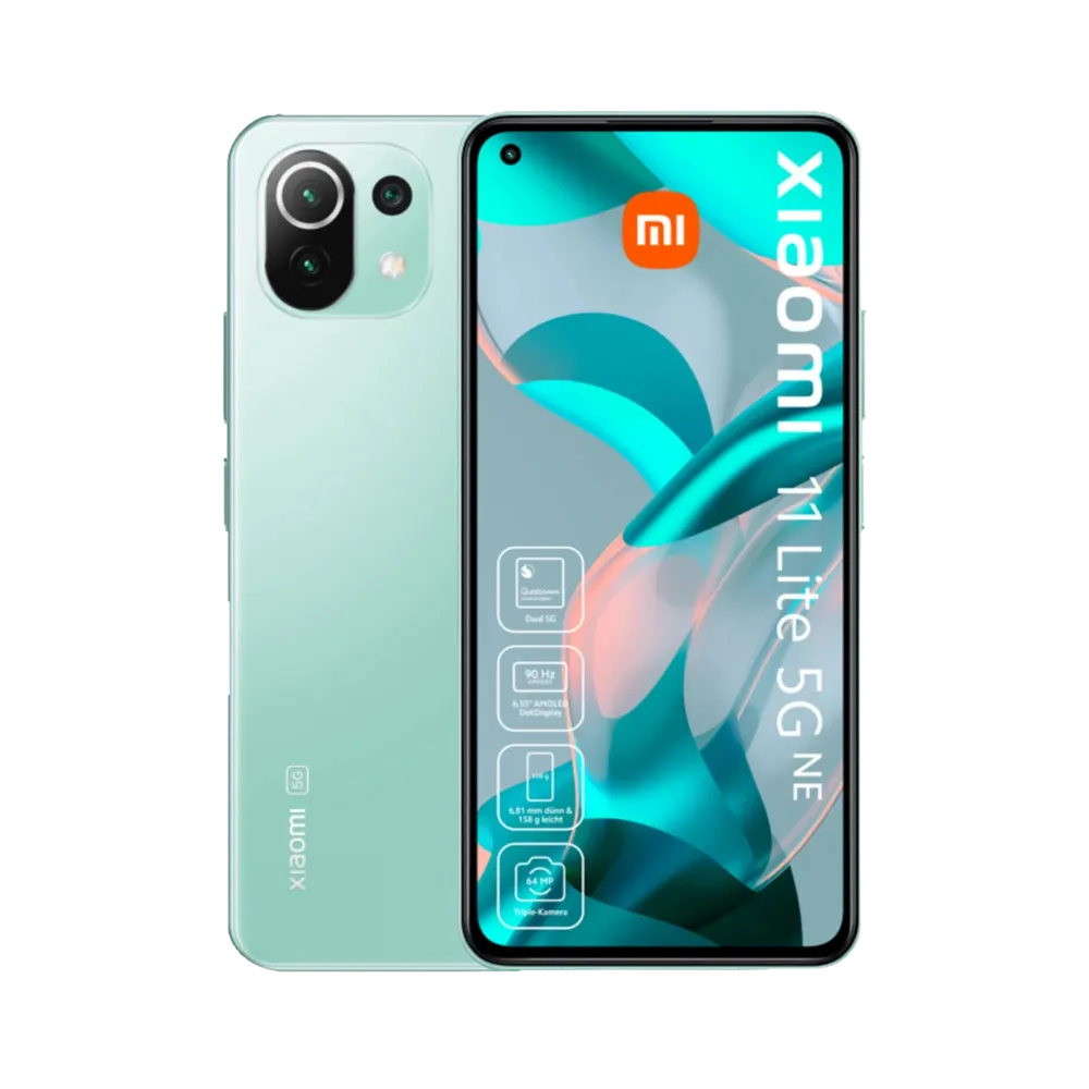 Xiaomi 11 Lite 5G NE vert en vue avant et arrière — réparation écran, vitre arrière et batterie par iTelier Lyon, diagnostic gratuit, pièces originales garanties 1 an, service express et envoi national.