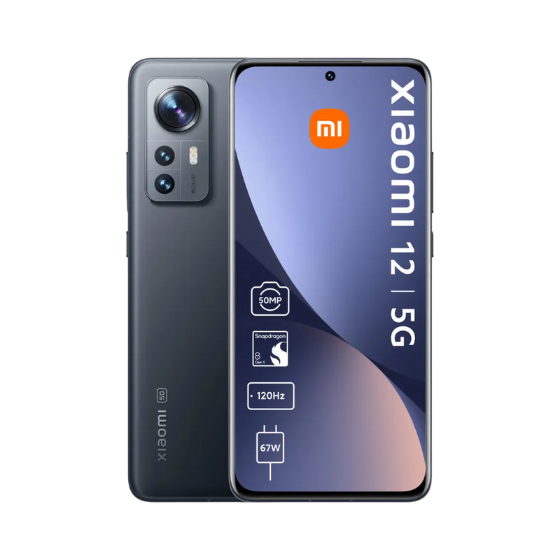 Xiaomi 12 noir en vue avant et arrière — réparation écran, vitre arrière et batterie par iTelier Lyon, diagnostic gratuit, pièces d’origine garanties 1 an, service express et envoi national.