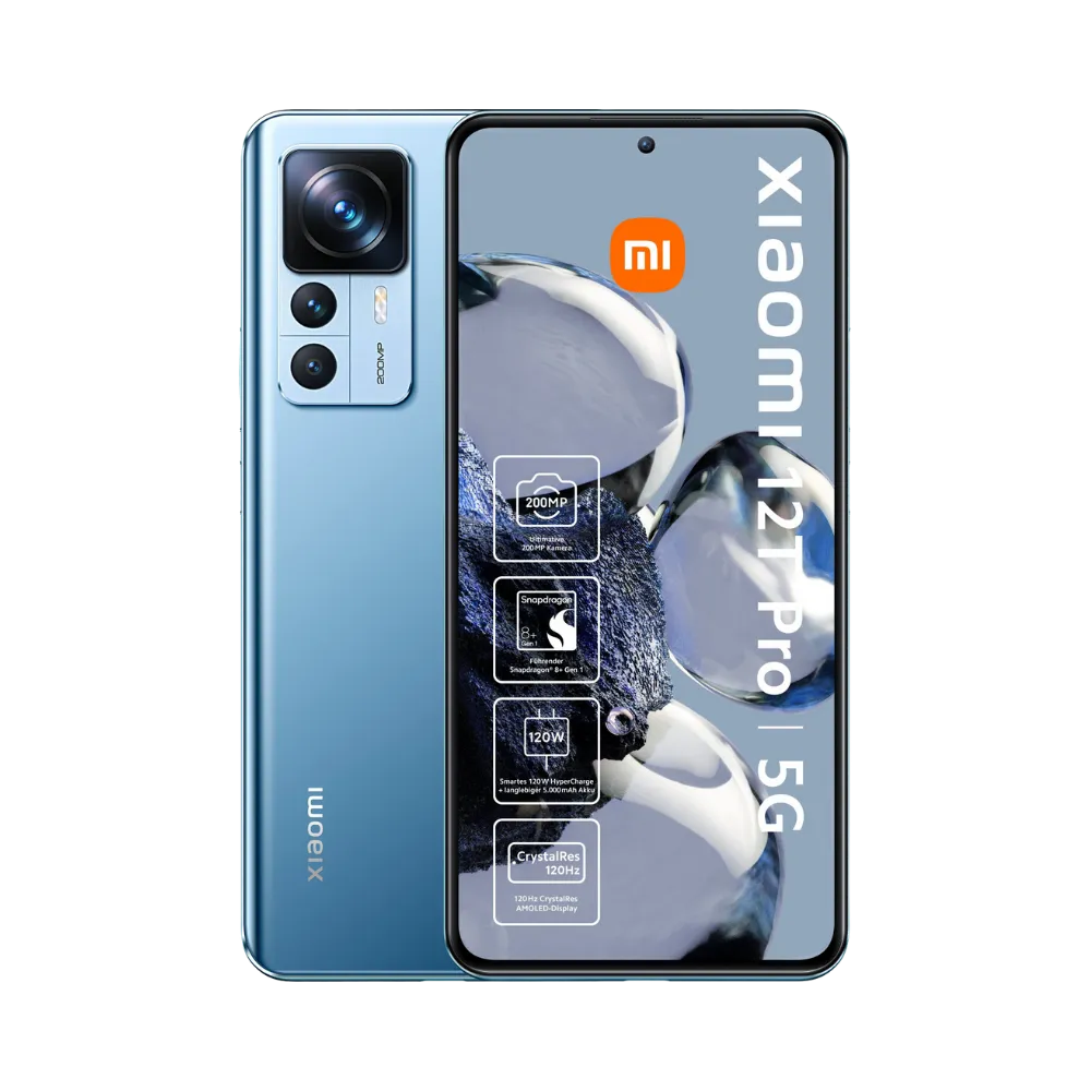 Xiaomi 12T Pro bleu en vue avant et arrière — réparation écran, vitre arrière et batterie par iTelier Lyon, diagnostic gratuit, pièces d’origine garanties 1 an, service express et envoi national.