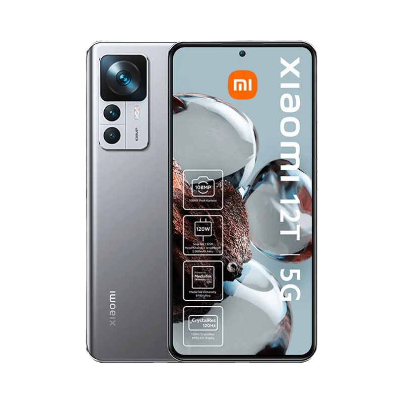 Xiaomi 12T gris en vue avant et arrière — réparation écran, vitre arrière et batterie par iTelier Lyon, diagnostic gratuit, pièces d’origine garanties 1 an, service express et envoi national.