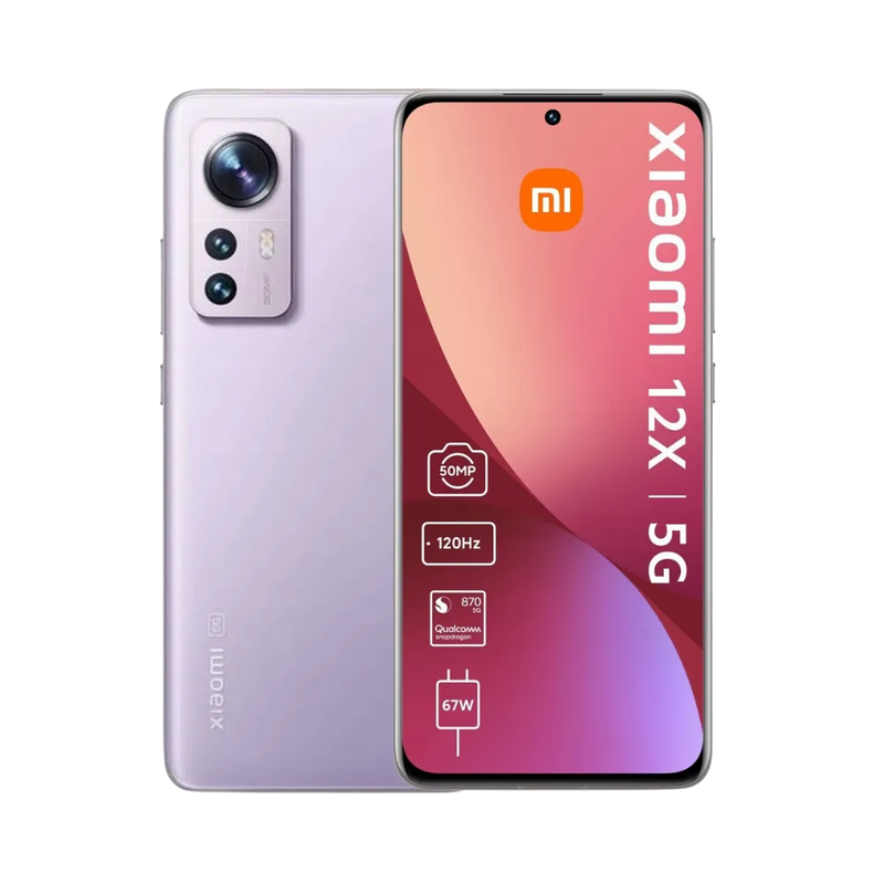 Xiaomi 12X violet en vue avant et arrière — réparation écran, vitre arrière et batterie par iTelier Lyon, diagnostic gratuit, pièces d’origine garanties 1 an, service express et envoi national.