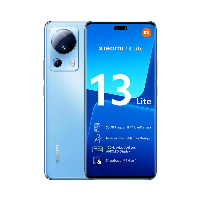 Xiaomi 13 Lite bleu en vue avant et arrière — réparation écran, vitre arrière et batterie par iTelier Lyon, diagnostic offert, pièces d’origine garanties 1 an, service express et envoi national.