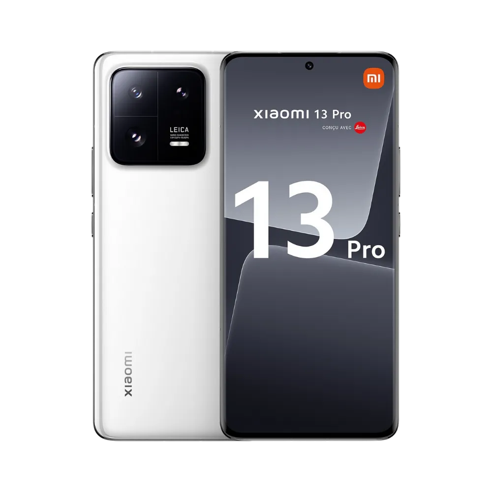 Xiaomi 13 Pro blanc en vue avant et arrière — réparation écran, vitre arrière et batterie par iTelier Lyon, diagnostic offert, pièces originales garanties 1 an, service express et envoi national.