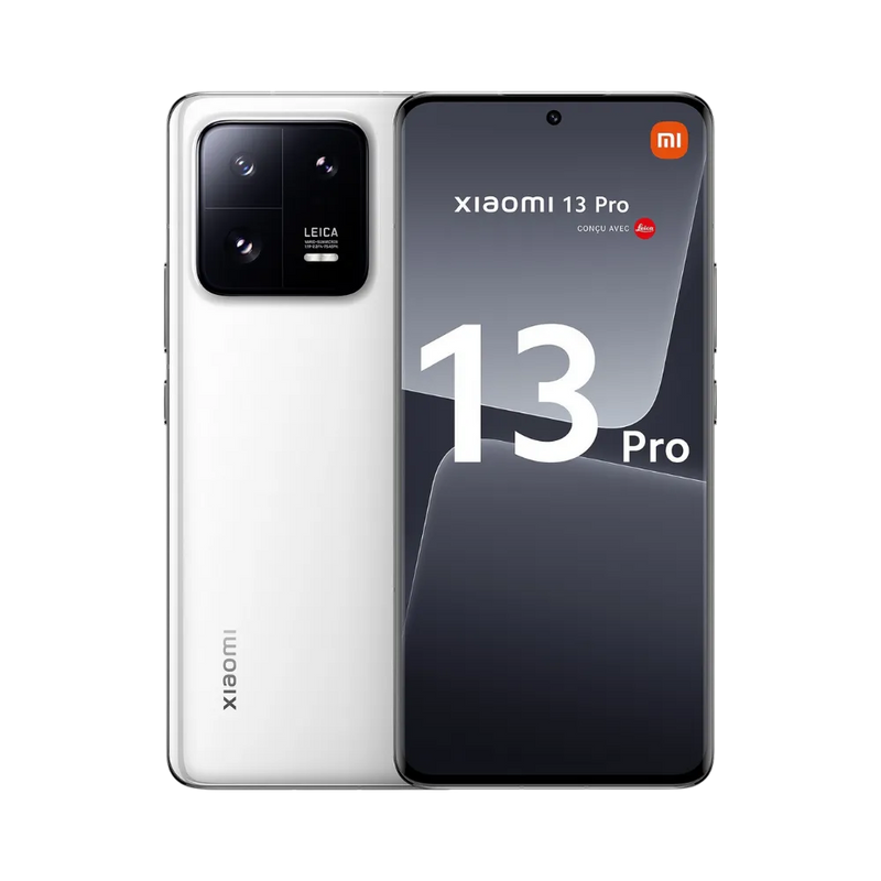 Xiaomi 13 Pro blanc en vue avant et arrière — réparation écran, vitre arrière et batterie par iTelier Lyon, diagnostic offert, pièces originales garanties 1 an, service express et envoi national.