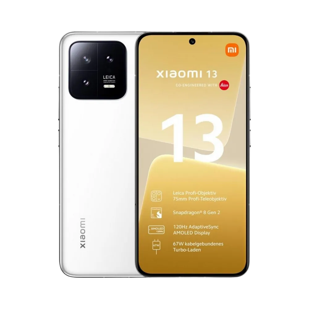 Xiaomi 13 blanc en vue avant et arrière — réparation écran, vitre arrière et batterie par iTelier Lyon, diagnostic gratuit, pièces d’origine garanties 1 an, service express et envoi national.