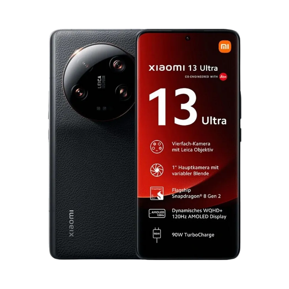 Xiaomi 13 Ultra noir en vue avant et arrière — réparation écran, vitre arrière et batterie par iTelier Lyon, diagnostic gratuit, pièces originales garanties 1 an, service express et envoi national.