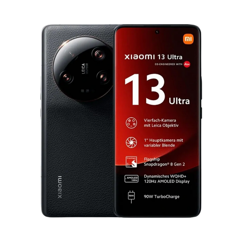 Xiaomi 13 Ultra noir en vue avant et arrière — réparation écran, vitre arrière et batterie par iTelier Lyon, diagnostic gratuit, pièces originales garanties 1 an, service express et envoi national.