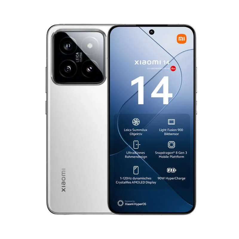 Xiaomi 14 blanc en vue avant et arrière — réparation écran, vitre arrière et batterie chez iTelier Lyon, diagnostic offert, pièces originales garanties 1 an, service express et envoi national.