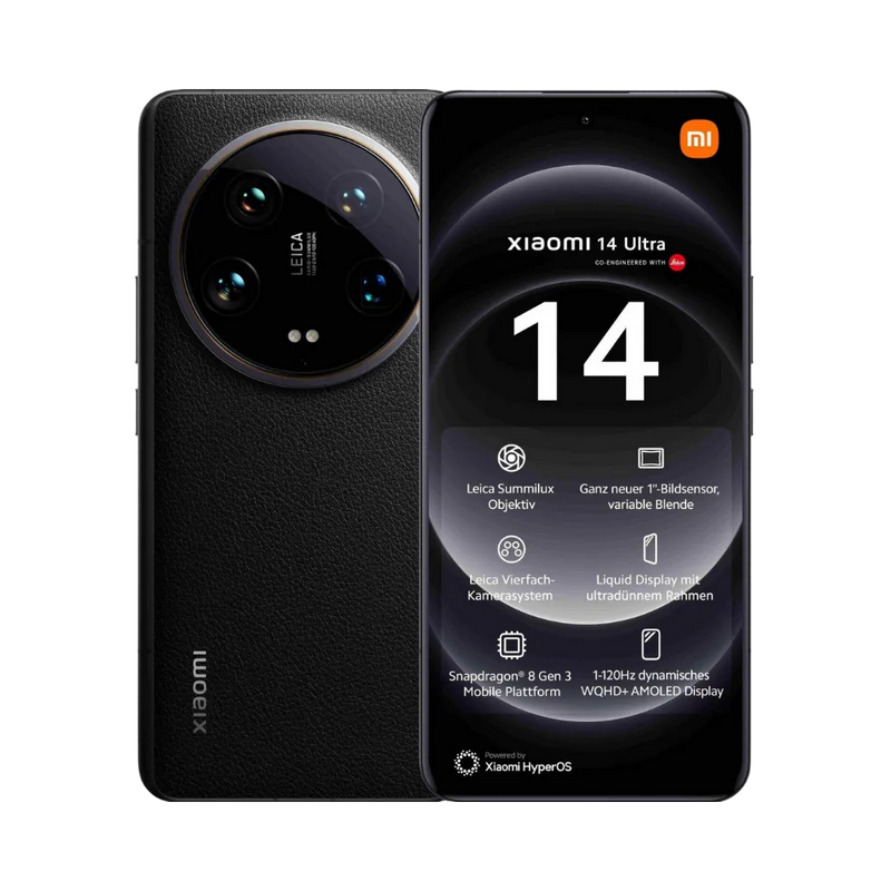 Xiaomi 14 Ultra noir en vue avant et arrière — réparation écran, vitre arrière et batterie chez iTelier Lyon, diagnostic gratuit, pièces d’origine garanties 1 an, service express ou envoi national.