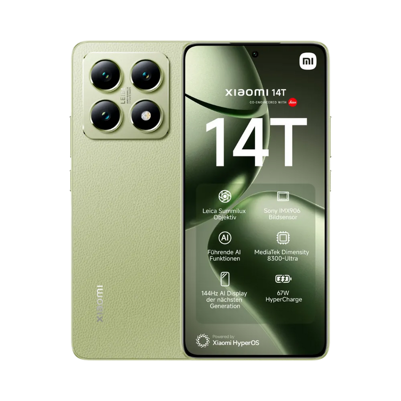 Xiaomi 14T vert en vue avant et arrière — réparation écran, vitre arrière et batterie chez iTelier Lyon, diagnostic gratuit, pièces d’origine garanties 1 an, service express.