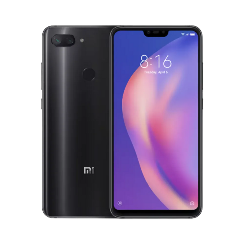 Xiaomi Mi 8 Lite noir en vue avant et arrière — réparation écran LCD, vitre arrière fissurée et changement de batterie par iTelier Lyon, diagnostic gratuit, pièces d’origine garanties 12 mois, service express France.