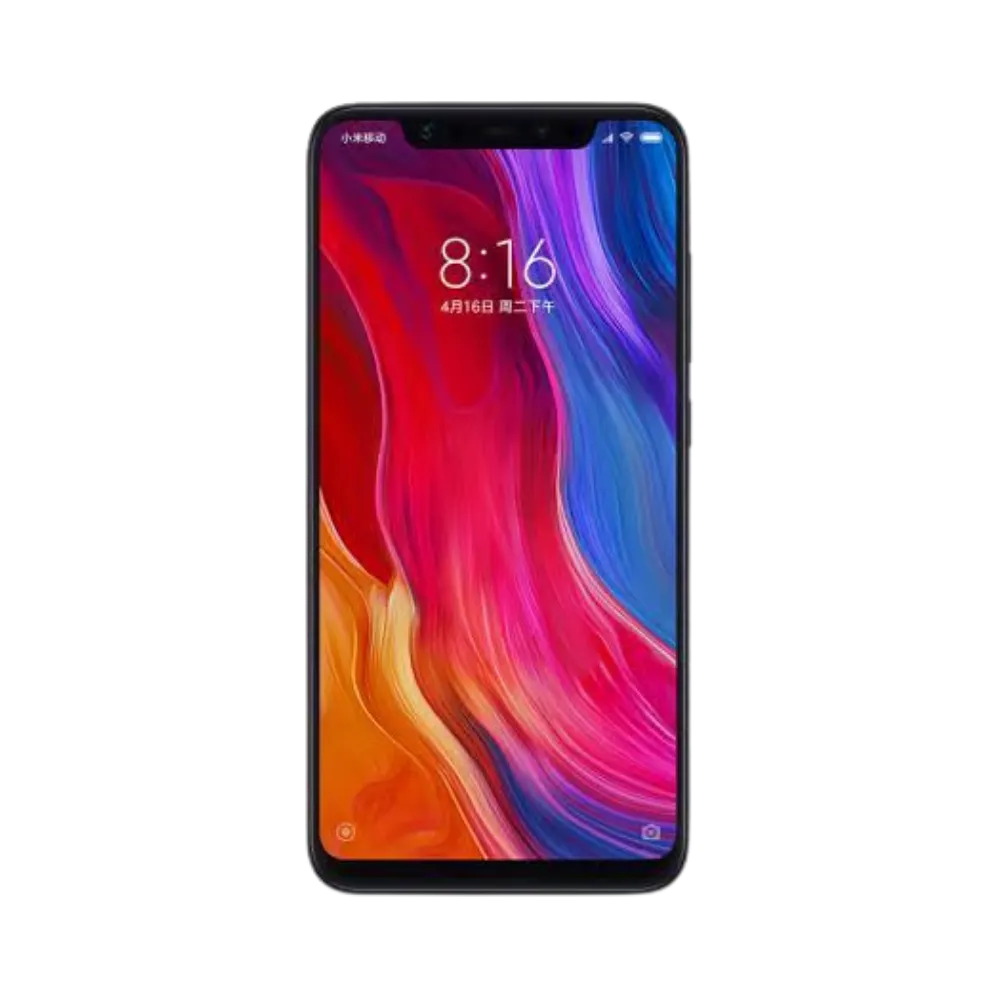 Écran avant du Xiaomi Mi 8 noir avec encoche — réparation vitre tactile et dalle AMOLED originale chez iTelier Lyon, diagnostic offert, pièces garanties 12 mois, réparation express en boutique ou envoi sécurisé.