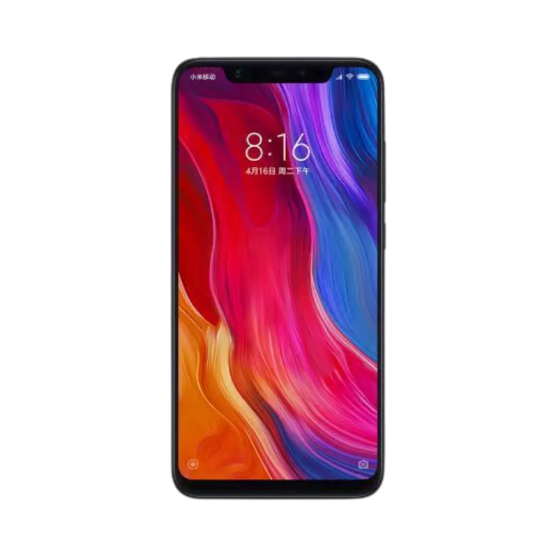 Écran avant du Xiaomi Mi 8 noir avec encoche — réparation vitre tactile et dalle AMOLED originale chez iTelier Lyon, diagnostic offert, pièces garanties 12 mois, réparation express en boutique ou envoi sécurisé.