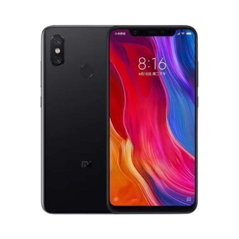 Xiaomi Mi 8 noir en vue avant et arrière — réparation écran AMOLED, remplacement vitre arrière cassée et changement batterie par iTelier Lyon, devis gratuit, service rapide en boutique et par correspondance France.