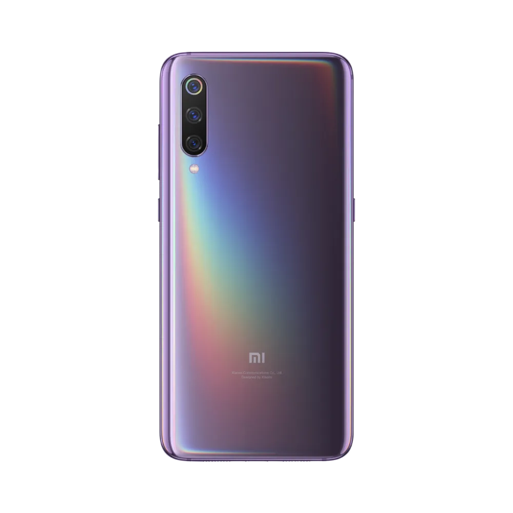 Dos du Xiaomi Mi 9 violet avec triple caméra verticale — réparation module photo, lentille et vitre arrière par iTelier Lyon, techniciens certifiés, diagnostic offert et pièces garanties 12 mois.