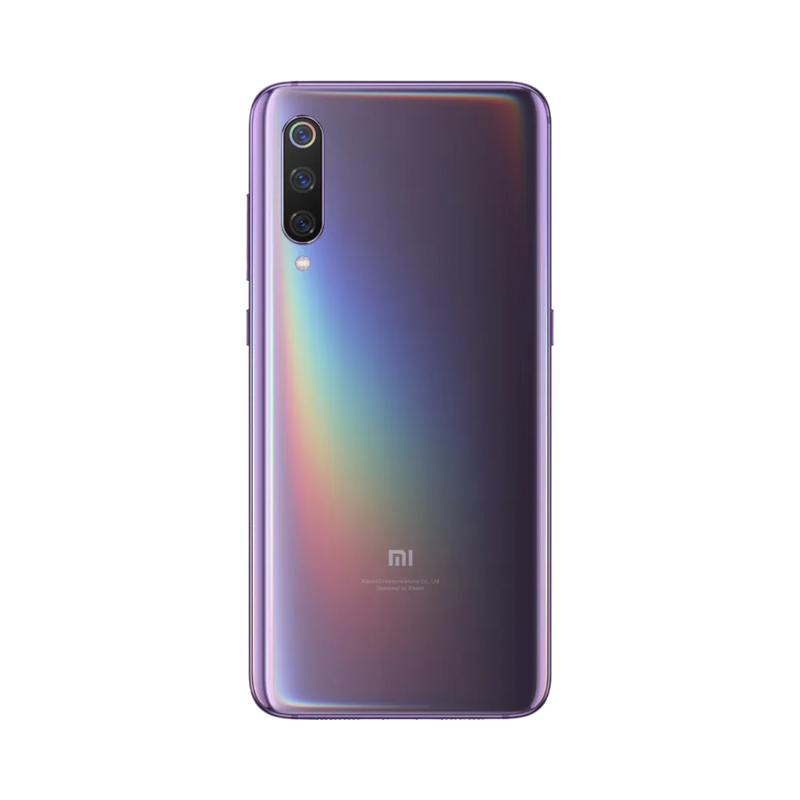 Dos du Xiaomi Mi 9 violet avec triple caméra verticale — réparation module photo, lentille et vitre arrière par iTelier Lyon, techniciens certifiés, diagnostic offert et pièces garanties 12 mois.