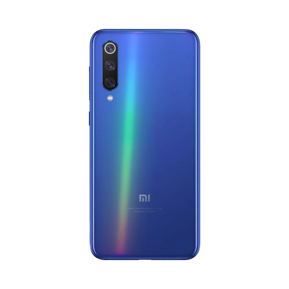 Dos du Xiaomi Mi 9 SE bleu avec triple caméra verticale — réparation appareil photo et vitre arrière par iTelier Lyon, techniciens experts, diagnostic offert et pièces garanties 1 an.